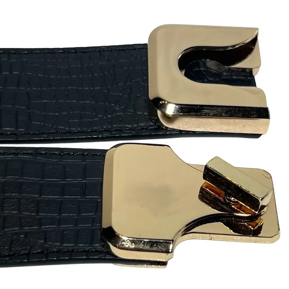 Vintage 90s Sz Small Gold Twist Lock Buckle Stretch Belt Black Faux Leather